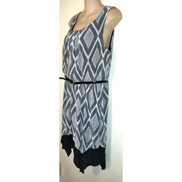 AB Studio Black & White Dress Womens Sz XL Belted Asymmetrical Bottom Chevron - Picture 2 of 16